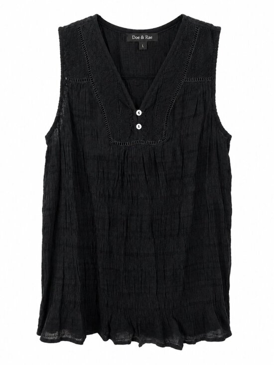 Doe & Rae Tops - Doe & Rae Black Crinkle Gauze Sleeveless Boho Tank Top Lace Trim Button Front L